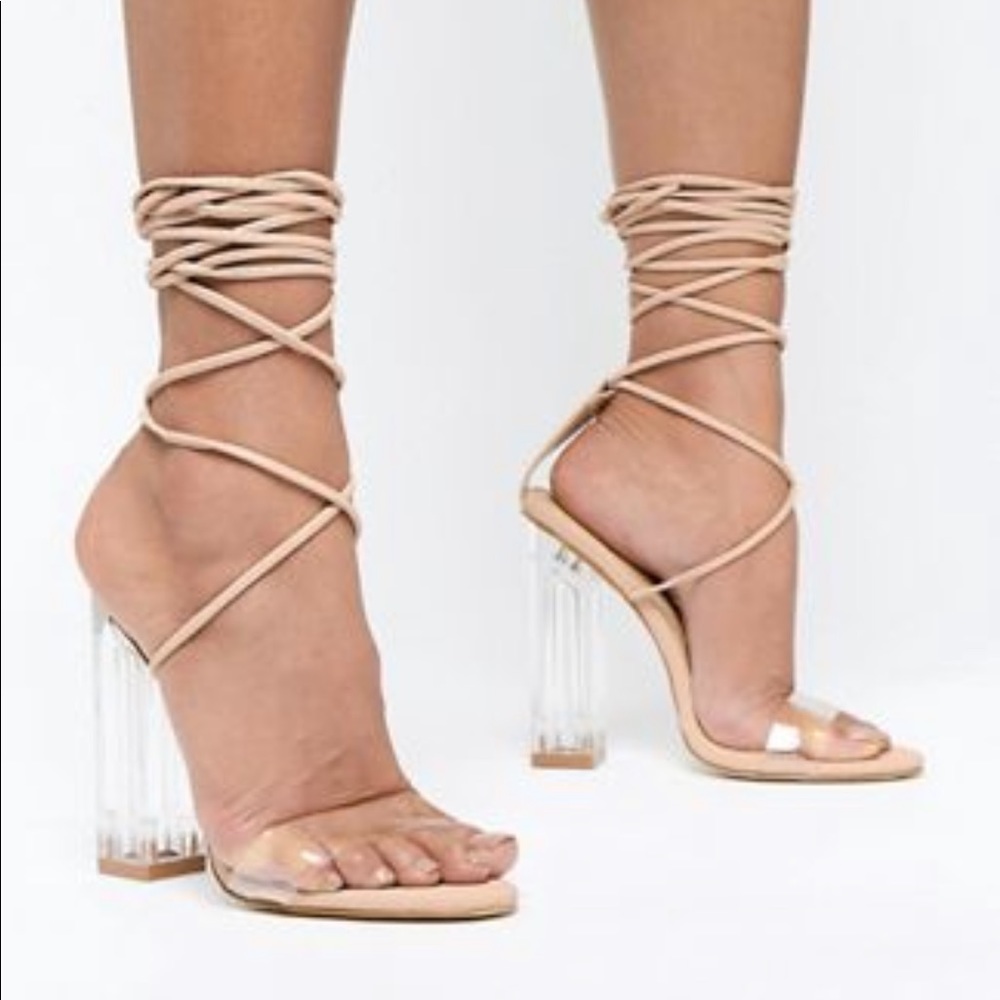 Clear Heel Tie up Nude Sandal